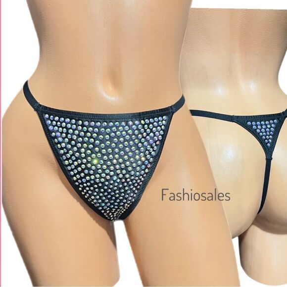 Victorias Secret Very Sexy Subtle Shine Bling Crystals VString Thong Panty Black - Picture 2 of 5